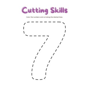 Number 7 cutting practice worksheet for preschool printable Free number 7 scissor skills worksheet with dashed outline Preschool number 7 tracing and cutting printable PDF Kids number 7 fine motor skills worksheet Number 7 outline cutting activity for kindergarten students