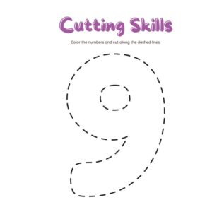 Number 9 cutting skills worksheet for preschool printable PDF Free number 9 scissor practice worksheet for kids Preschool number 9 tracing and cutting activity printable Fine motor number 9 worksheet for kindergarten learners Number 9 outline cutting worksheet for early education