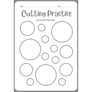 Preschool cutting practice worksheet with circle shapes printable PDF Scissor skills worksheet cutting circles for kids fine motor practice Free printable cutting activity with dashed circle outlines Kindergarten cutting practice worksheet for improving motor skills Circle cutting worksheet for preschool scissor control practice