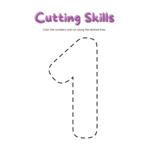 Number 1 cutting skills worksheet for preschool printable PDF Preschool number 1 scissor practice worksheet with dashed lines Free printable number 1 tracing and cutting activity for kids Fine motor skills number 1 worksheet for kindergarten Number 1 outline cutting practice worksheet for early learners