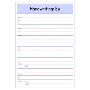 Free printable kindergarten Letter E handwriting worksheet with uppercase and lowercase tracing practice
