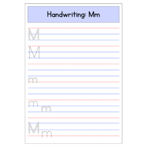 Printable kindergarten worksheet showing uppercase and lowercase letter M tracing with repeated “M m” handwriting practice lines.