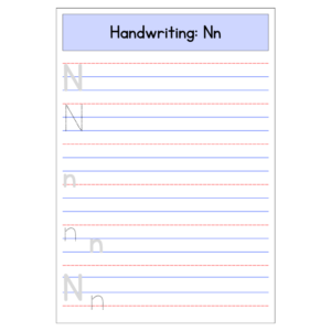 Kindergarten printable worksheet featuring uppercase and lowercase letter N tracing with repeated “N n” handwriting practice lines.