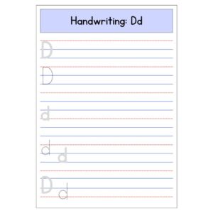 Free printable kindergarten Letter D handwriting worksheet with uppercase and lowercase tracing lines
