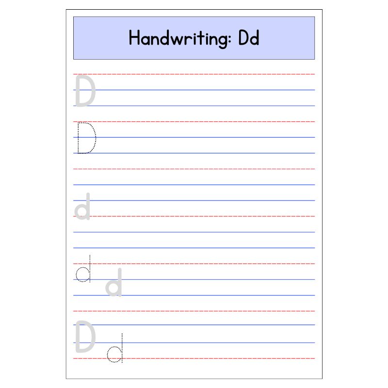 Free printable kindergarten Letter D handwriting worksheet with uppercase and lowercase tracing lines
