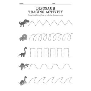 Dinosaur line tracing worksheet for preschool printable PDF Fun dinosaur tracing activity with zigzag and curved lines for kids Preschool tracing worksheet with dinosaur theme fine motor practice Kindergarten tracing lines worksheet with dinosaur illustrations Printable dinosaur pre-writing skills worksheet for kids