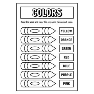 Colors worksheet for kids with crayons printable PDF activity Learn colors worksheet for preschool color recognition practice Color matching worksheet with crayons for kindergarten students Free printable colors activity worksheet for early learners Kids color identification worksheet with red blue green and more