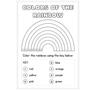 Rainbow colors worksheet for kids printable PDF Preschool color recognition worksheet with rainbow activity Learn colors worksheet with color key printable Kids rainbow coloring worksheet for early learners Color matching rainbow worksheet for kindergarten