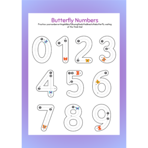 Number tracing worksheet 0 to 9 with butterfly theme Preschool printable number writing practice PDF Kids tracing numbers worksheet with dotted lines Kindergarten number formation worksheet free printable