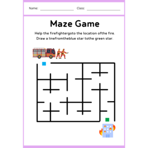 Firefighter maze worksheet for kids guiding to fire location printable PDF