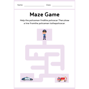 Police maze worksheet with policeman finding police car printable PDF